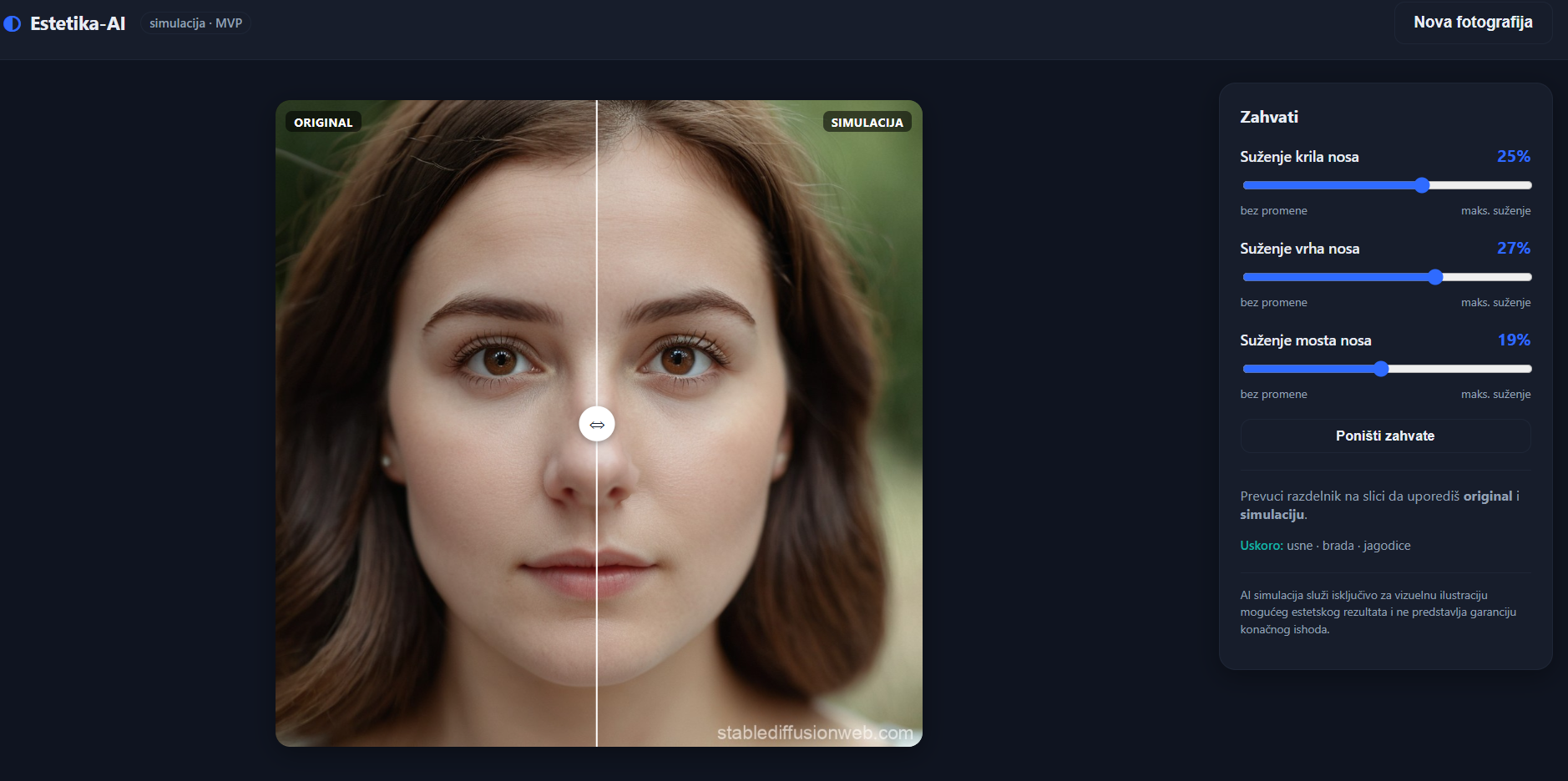 The simulation screen: a before-and-after slider dragged across a face photograph, labelled original on the left and simulation on the right, with three sliders beside it controlling how much the alar base, tip and bridge of the nose are narrowed.