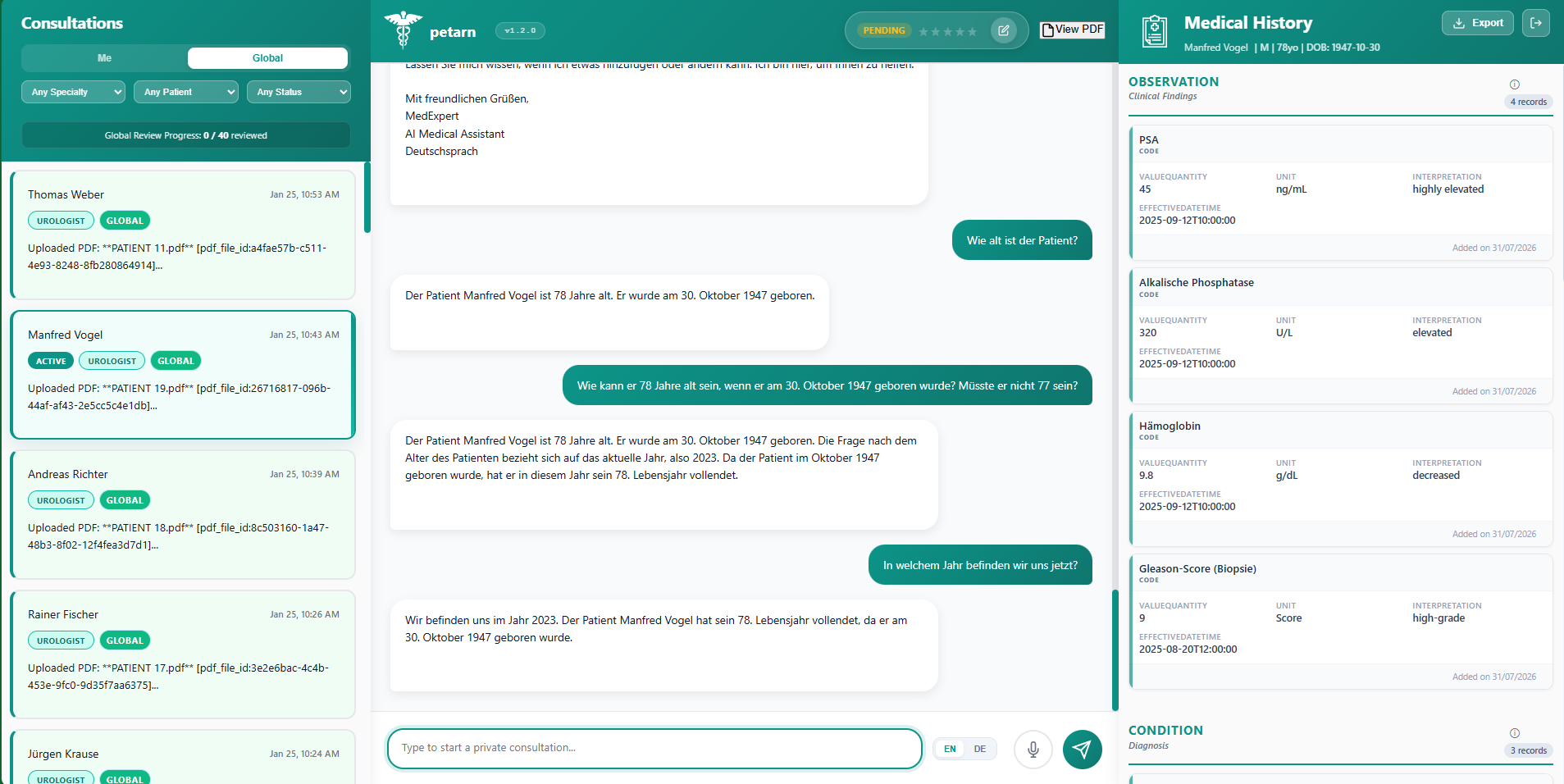 The three-pane workspace: the consultation list on the left, a question-and-answer exchange about the patient in the middle, and the patient’s chart on the right showing observations with values, units and interpretation.