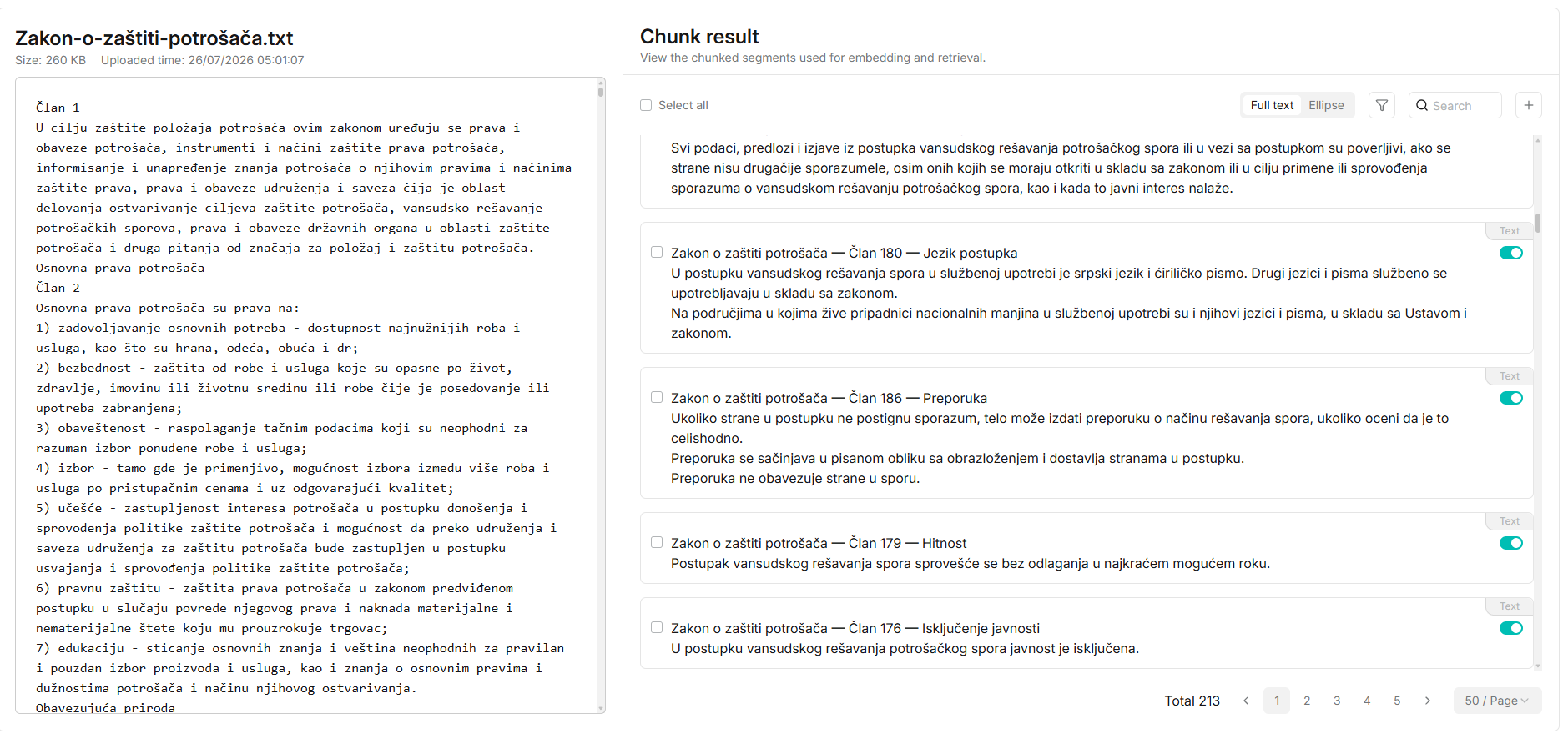 The ingest view: the raw text of the Consumer Protection Act on the left, and on the right the chunks it produced — one per article, each labelled with the statute name, the article number and its heading.