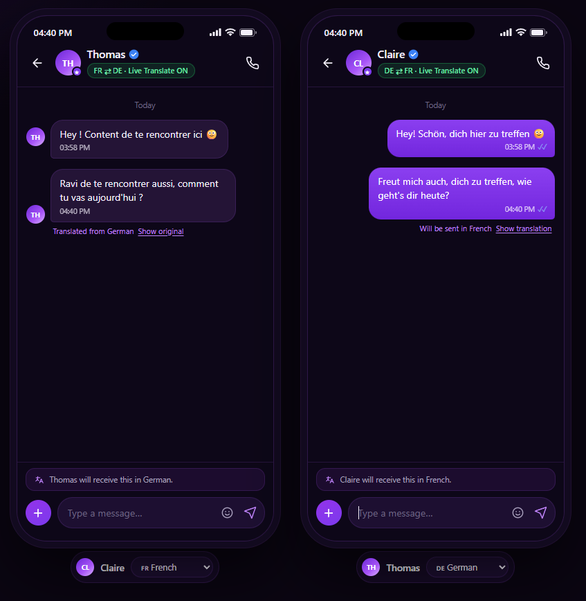 Two phone screens side by side showing the same conversation. Claire writes in French and Thomas reads German; each translated message carries a note naming the language it came from and a link to reveal the original.